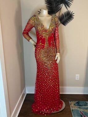 Angela & Alison Red Long Sleeve Embellished Gown